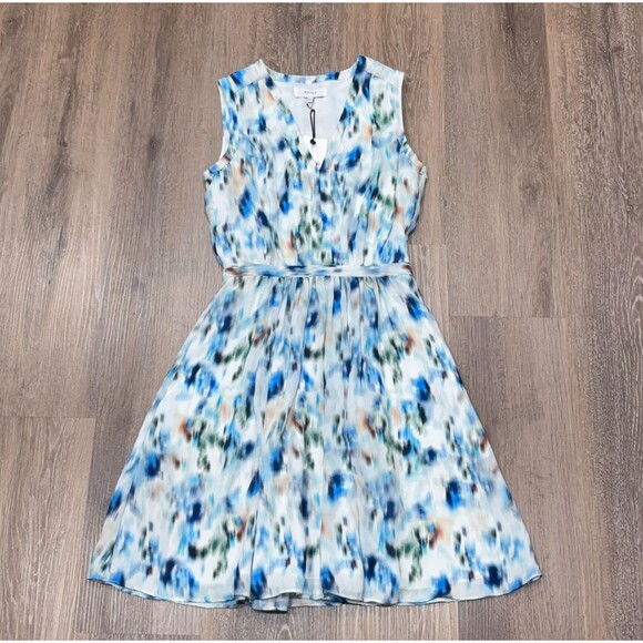Reiss Dress Blue Green Abstract Print Fit Flare Pockets Size 2 NEW - Picture 1 of 15